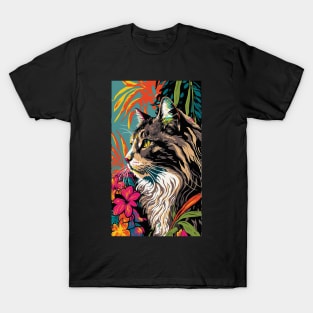 Maine Coon Cat Vibrant Tropical Flower Tall Retro Vintage Digital Pop Art Portrait 2 T-Shirt